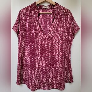 Pleione Split Neck Short Sleeve Blouse, Dark Pink & Cream